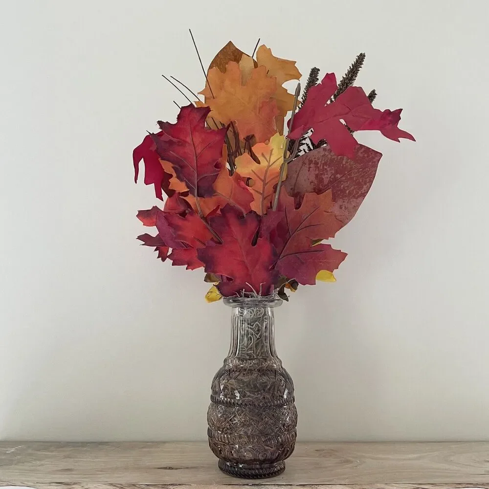 Handmade Artificial Sunflower & Fall Leaves Arrangement in Amber Glass Vase